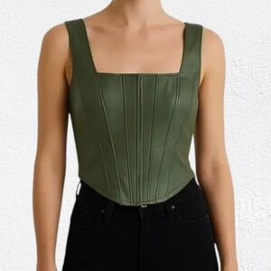 🟠NWT! 7 FOR ALL MANKIND Faux Leather Cropped Corset Top in Olive Green SMALL